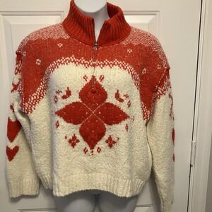 Free People Sz S Mythical Knit Sweater Printed Hearts Zip Ivory Scarlet Red Boho